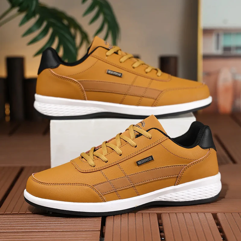 Badminton Shoes Men - レザーPUメンズシューズスニーカートレンドカジュアルシューズ通気性レジャーメンズバルカナイズシューズ滑り止めテニススニーカーフットウェア