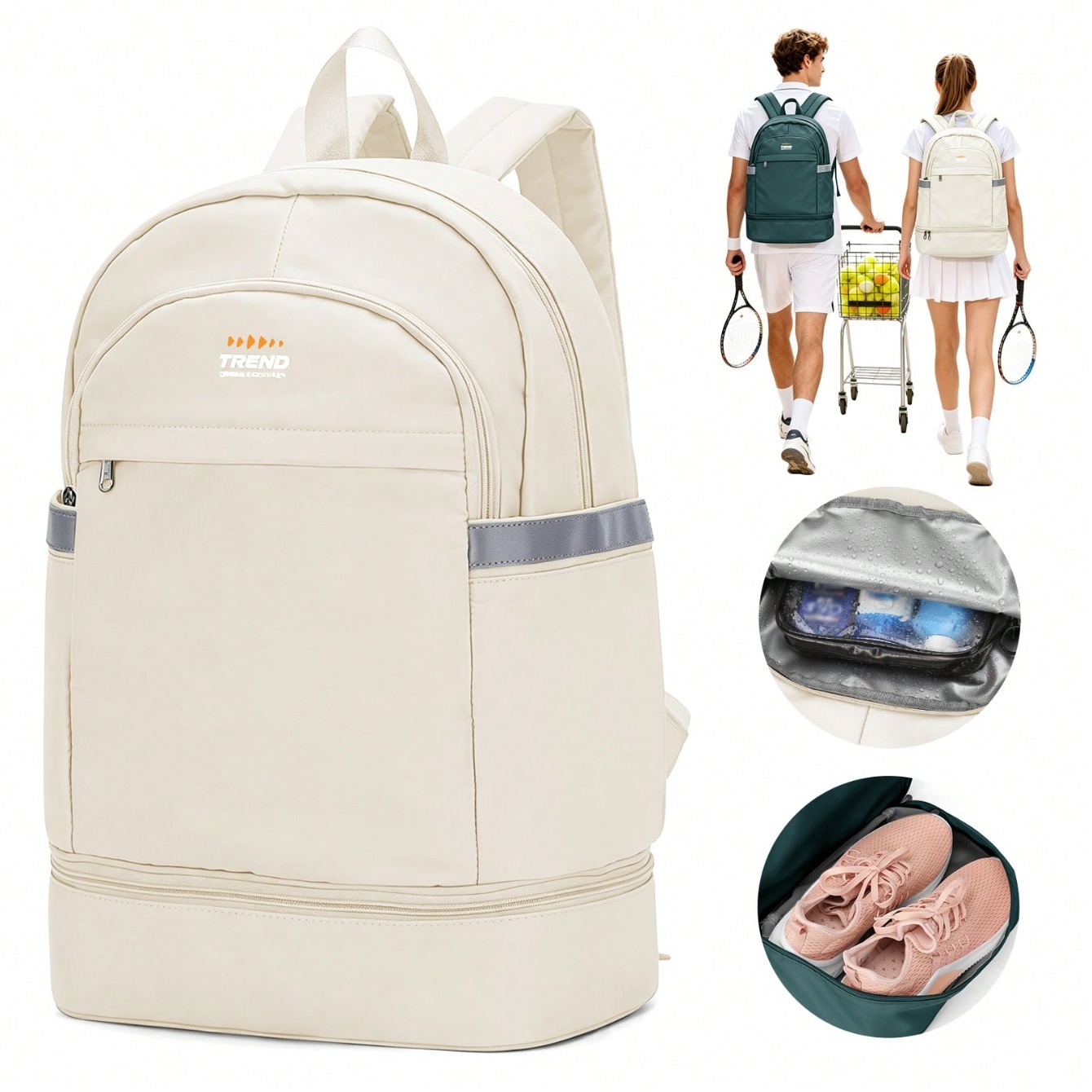 Badminton Bag - カジュアルな女性用バックパック、ミニマリストなピークスポーツバックパック、ファッショナブルなテニス・バドミントン用小型バックパック、通勤用軽量ポータブルバックパック、防水大容量トラベルバックパック、独立したシューズ収納ポケット付き、キャンパス学生用スクールバッグ